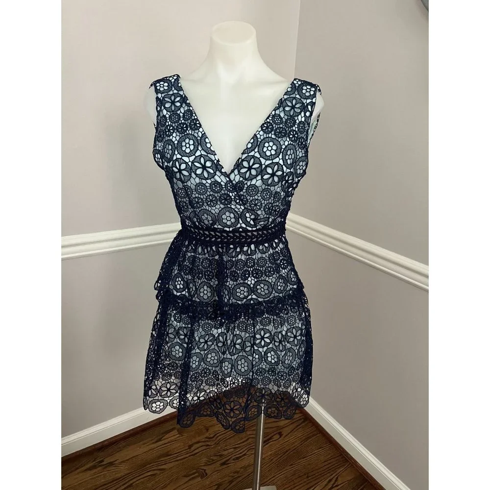 SELF-PORTRAIT Guipure Lace V Neck Fit Flare Sleeveless Mini Dress Blue Size 2 - Picture 3 of 5